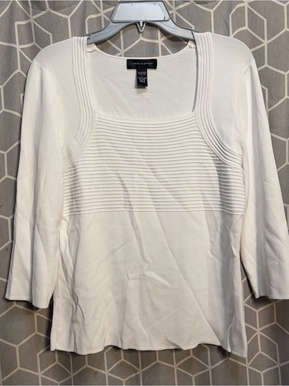 Cable & Gauge White Ribbed Square-Neck Long Sleeve Top